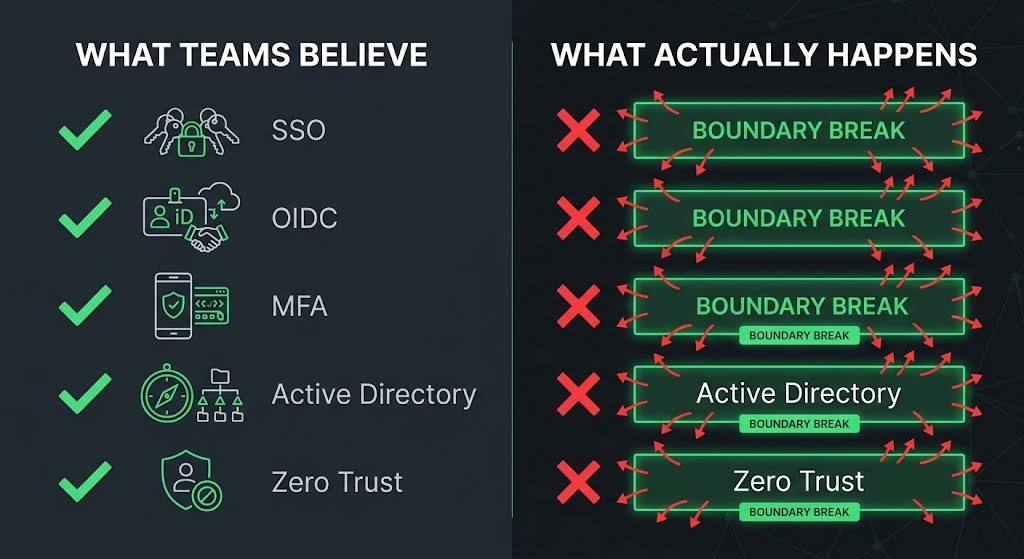 Identity sovereignty illusion diagram showing common beliefs versus architectural reality of external dependency