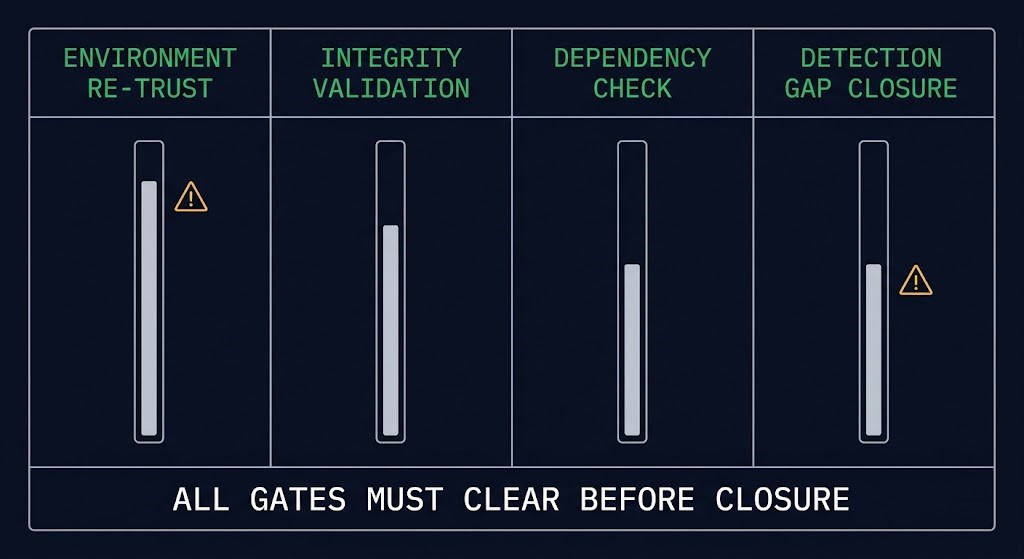 Four phases of incident recovery — environment re-trust, integrity validation, dependency check, detection gap closure