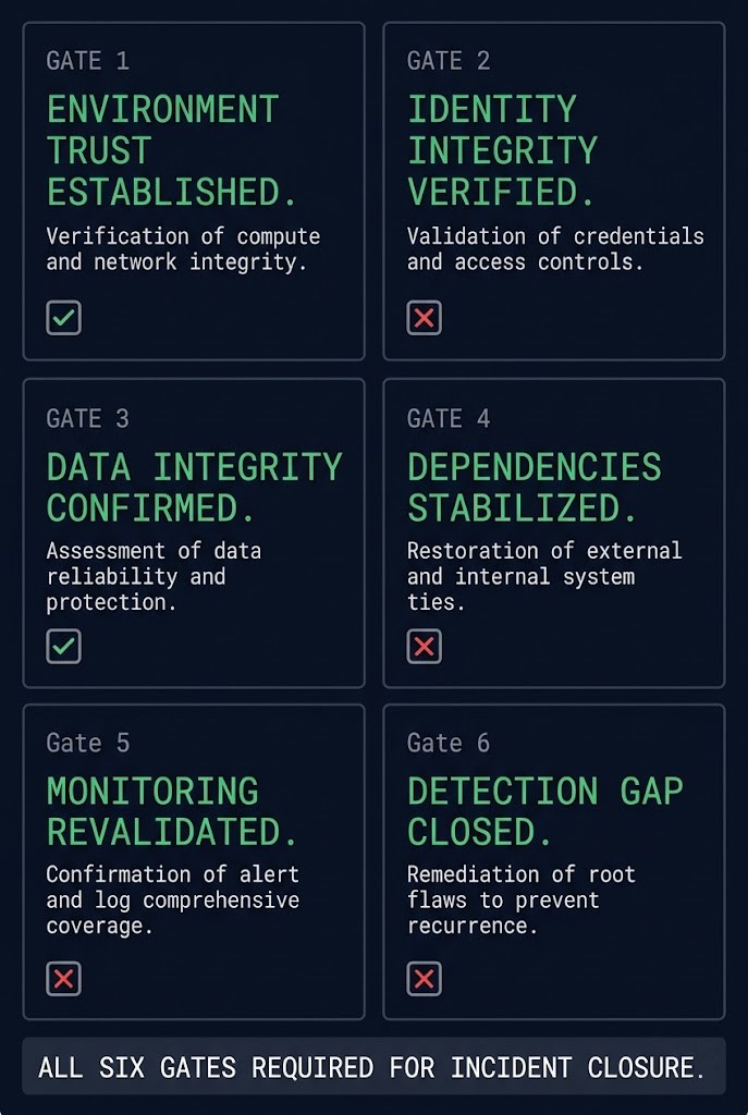 Six gates of incident closure — environment trust, identity integrity, data integrity, dependencies, monitoring, detection gap