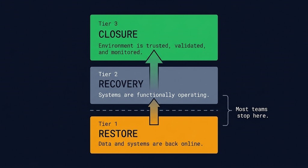 Restore vs recovery vs closure — the three-tier incident recovery framework