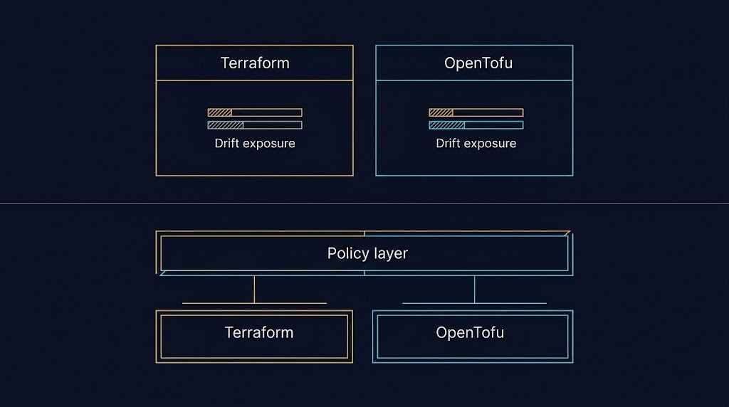 Infrastructure drift diagram showing that drift is a control problem not a tooling problem, affecting both Terraform and OpenTofu equally