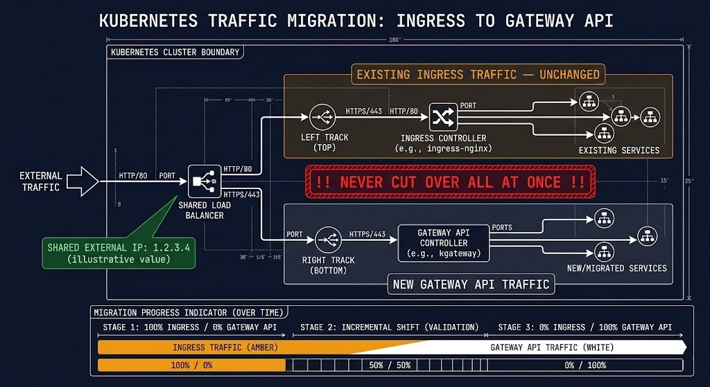 Side-by-side Kubernetes ingress and gateway api deployment pattern showing shared load balancer IP with parallel traffic paths during migration