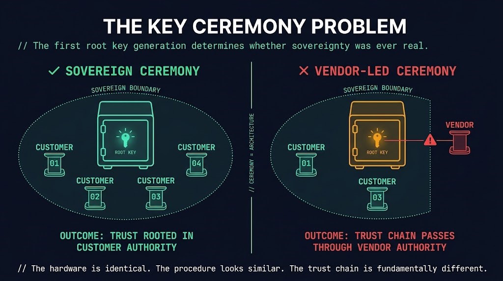 Side-by-side diagram comparing a sovereign key ceremony with all customer participants inside the boundary versus a vendor-led ceremony with external authority breaking the trust chain
