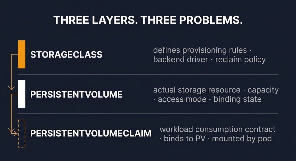Kubernetes storage layer model — StorageClass, PersistentVolume, and PersistentVolumeClaim responsibilities