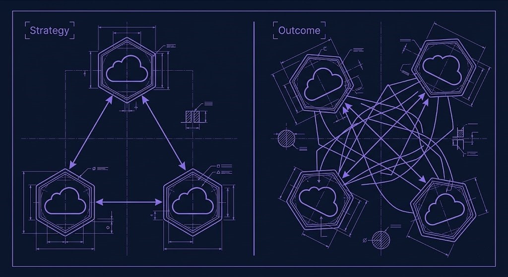 Two diagrams contrasting intentional multi-cloud architecture strategy versus accidental multi-cloud sprawl from organizational politics