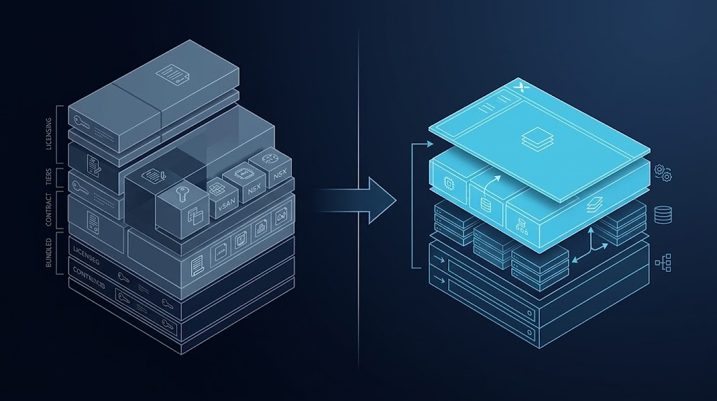 Nutanix vs VMware post-Broadcom decision framework diagram showing cost, licensing, and migration tradeoffs