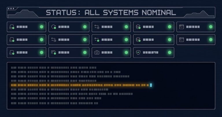 Post-VMware migration dashboard showing all green status while a backup verification quietly fails in the background log