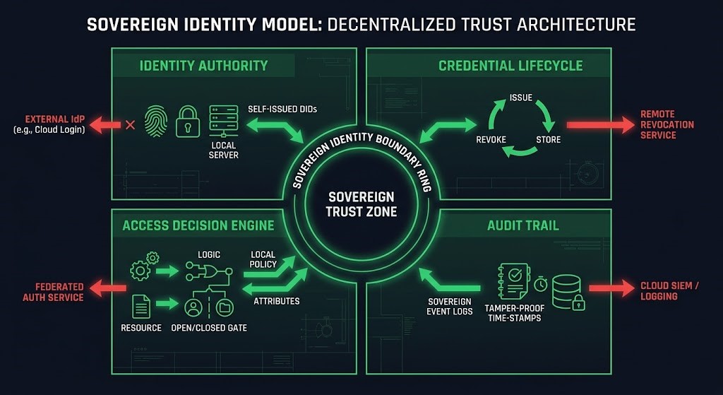 Rack2Cloud Sovereign Identity Model diagram showing four components identity authority credential lifecycle access decision engine and audit trail