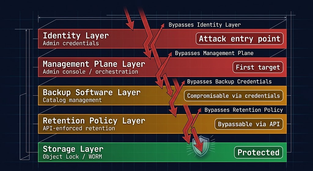 Five-layer immutability architecture stack showing which layers ransomware attackers bypass first — from identity compromise at the top through management plane to object lock at the storage layer