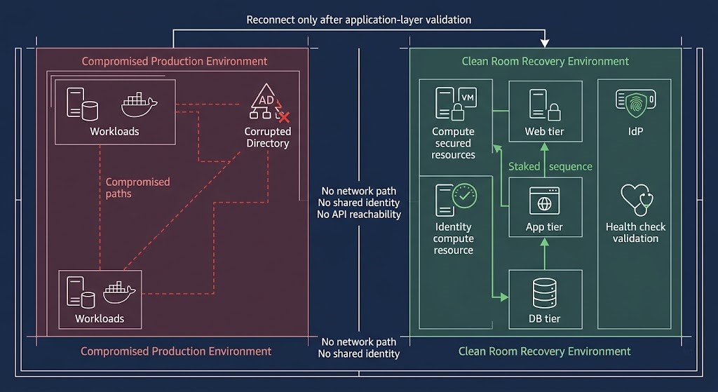 Clean room recovery architecture diagram showing isolated recovery environment with independent identity, staged restore sequence, and application-layer validation before production reconnection