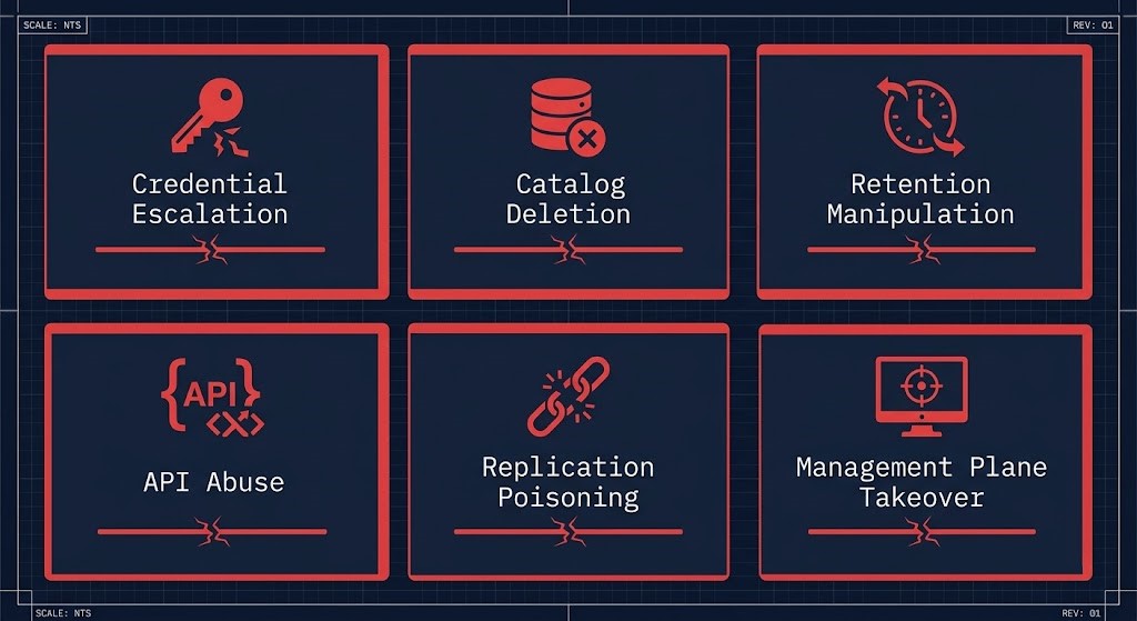 Six ransomware attack patterns targeting backup architecture — credential escalation, catalog deletion, retention manipulation, API abuse, replication poisoning, and management plane takeover