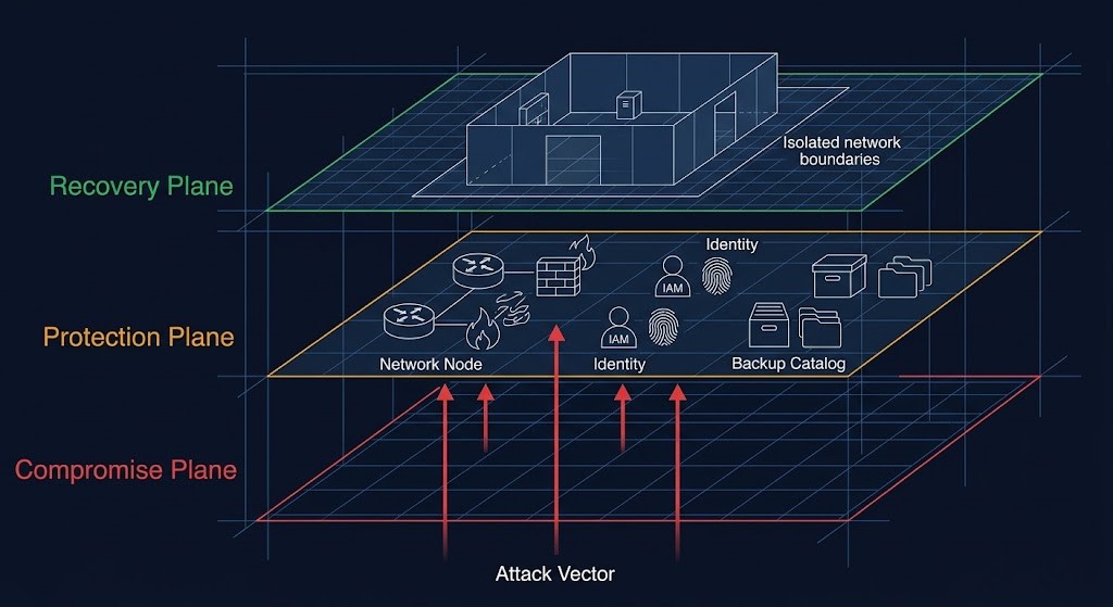 Three-plane ransomware resilience architecture diagram — Compromise Plane, Protection Plane, and Recovery Plane showing where adversarial attack vectors terminate