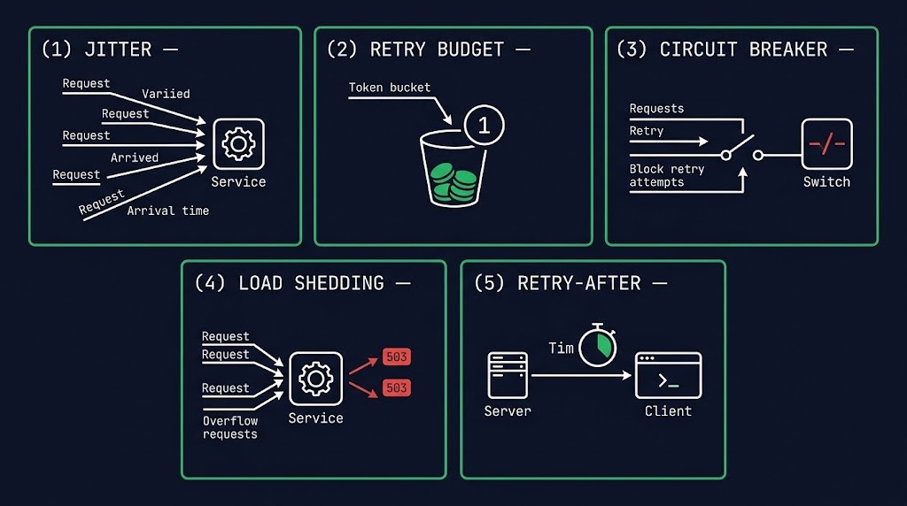 Five retry storm mitigation patterns — jitter, retry budgets, circuit breakers, load shedding, and Retry-After