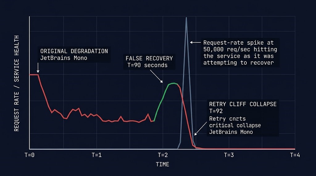 Time-series chart showing service degradation, brief recovery, and secondary collapse from queued retry traffic