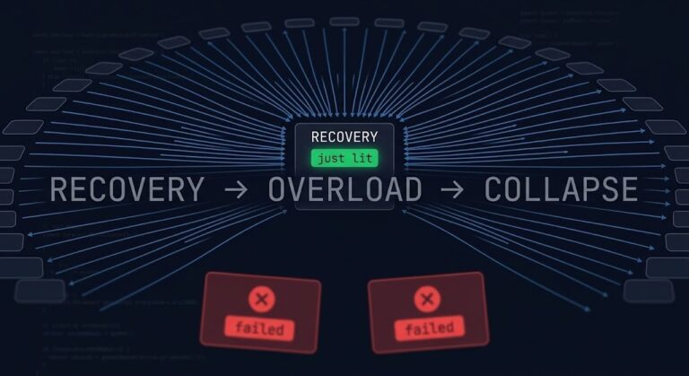 Retry storm visualization — synchronized client retries collapsing a recovering service in a self-inflicted DDoS pattern
