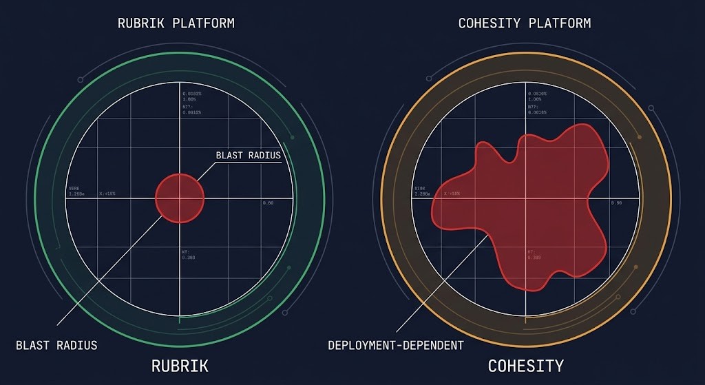 Rubrik vs Cohesity blast radius comparison showing attack surface under ransomware control plane compromise