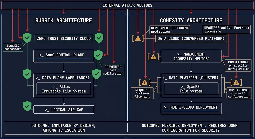 Rubrik vs Cohesity ransomware protection architecture comparison under attack pressure