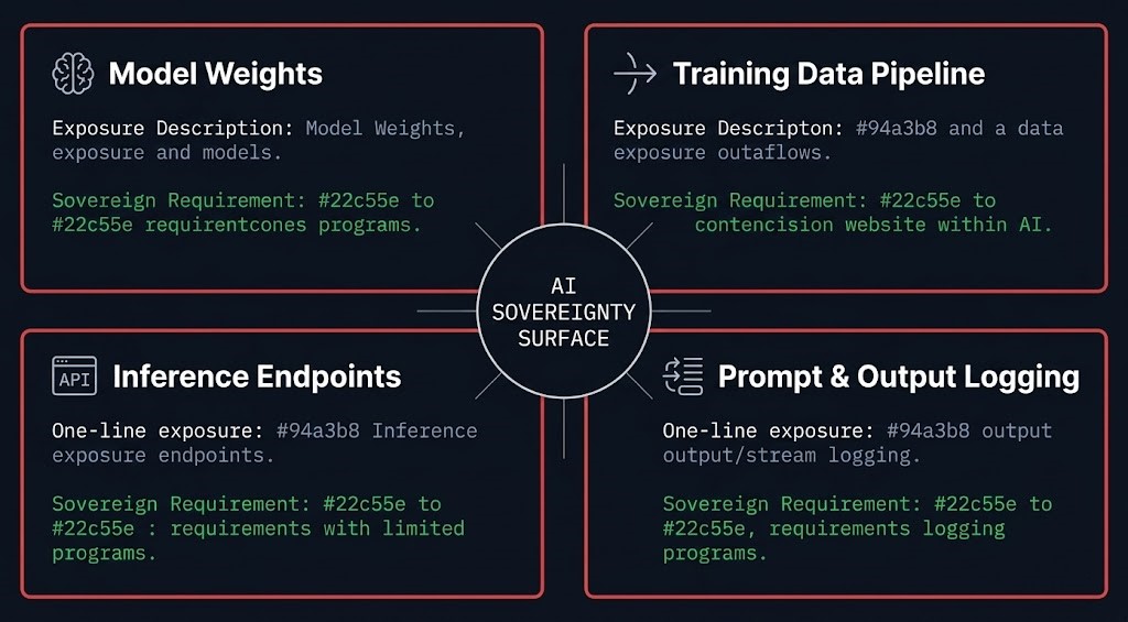 sovereign AI infrastructure diagram showing four attack surfaces — model weights, training data pipeline, inference endpoints, and logging — with sovereignty requirements for each