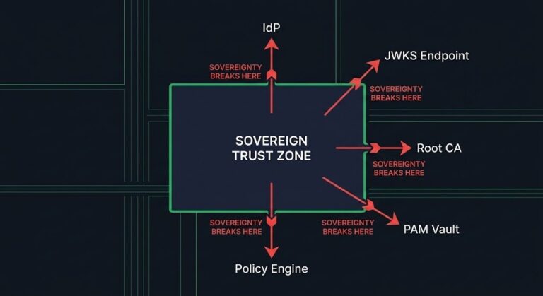 Sovereign identity architecture diagram showing identity dependency escape points breaking sovereignty boundary