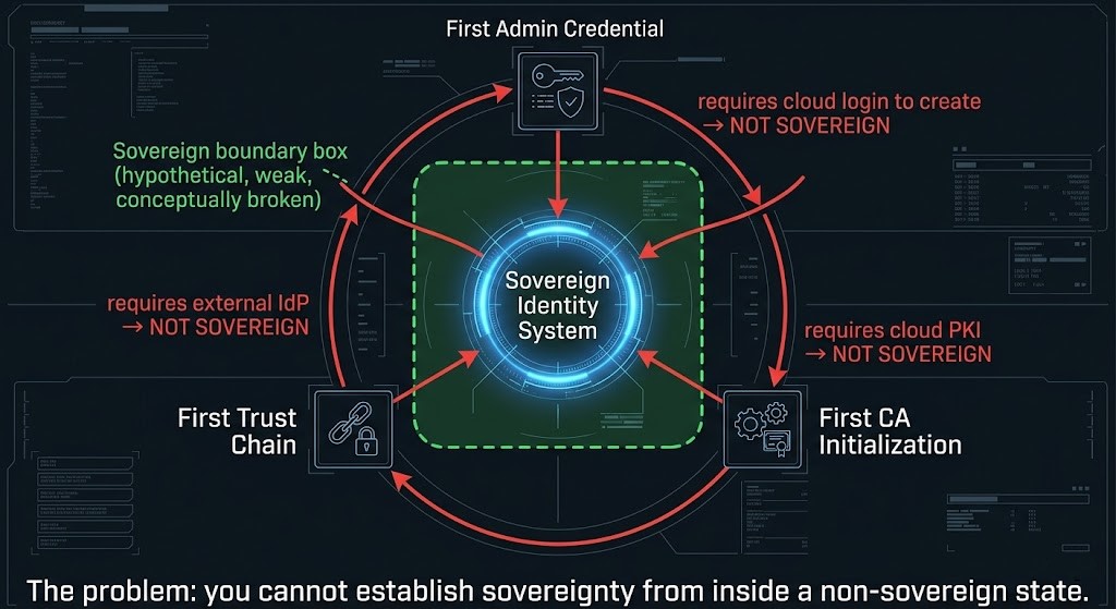 Bootstrap problem diagram showing circular dependency in sovereign identity system initialization requiring external connectivity
