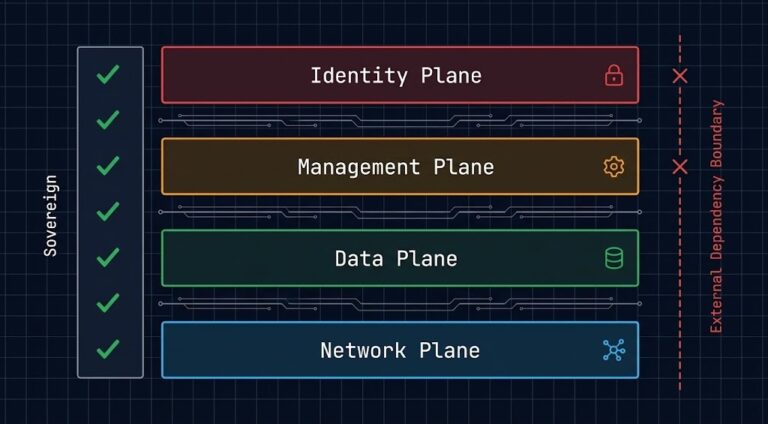 sovereign infrastructure architecture diagram showing four control plane layers — identity, management, data, and network — with isolation boundaries and external dependency failure points marked