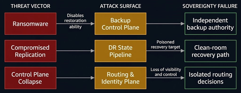 threat model diagram showing how ransomware backup control plane attack, compromised DR replication, and BC control plane collapse each connect to sovereign infrastructure failure modes