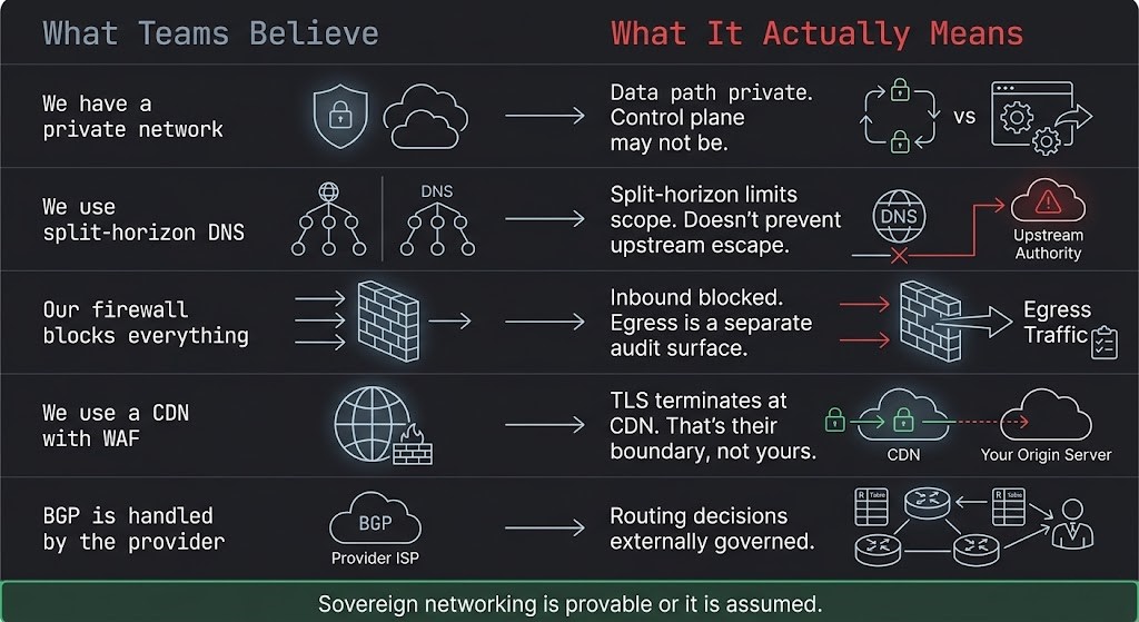 diagram contrasting common sovereign networking beliefs against architectural reality showing five false assumptions teams hold about network sovereignty
