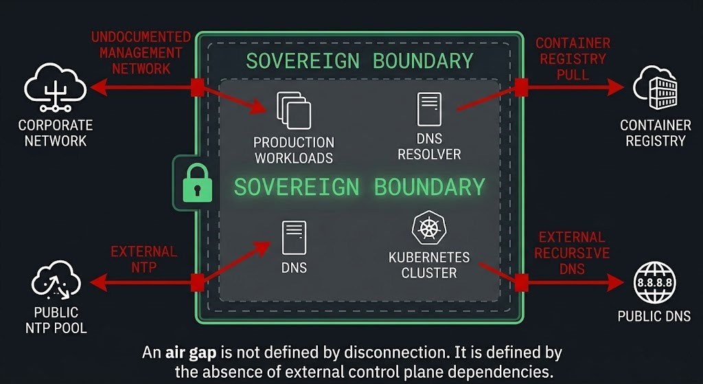 fake air gap network architecture diagram showing four failure modes where physical isolation exists but external control plane dependencies break sovereignty through undocumented paths