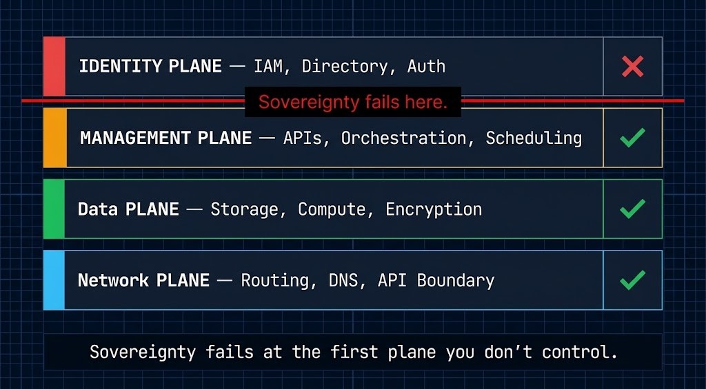 sovereignty control plane model diagram showing four layers — identity, management, data, and network — with the rule that sovereignty fails at the first uncontrolled plane