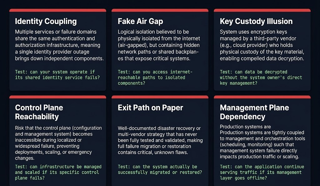 diagram showing six sovereign infrastructure failure modes including identity coupling, fake air gaps, key custody illusion, control plane reachability, exit path on paper, and management plane dependency