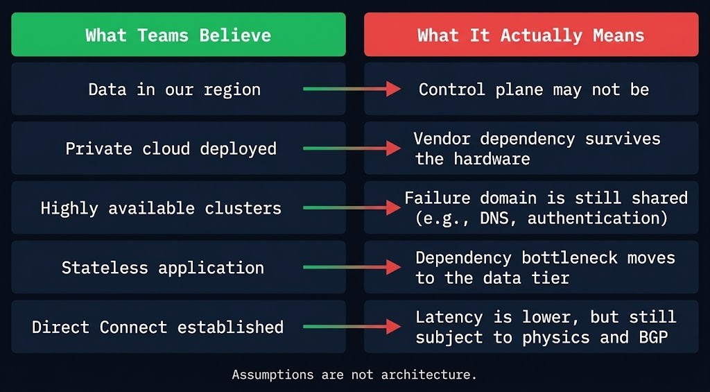 diagram contrasting common sovereignty assumptions against architectural reality showing five false beliefs teams hold about sovereign infrastructure