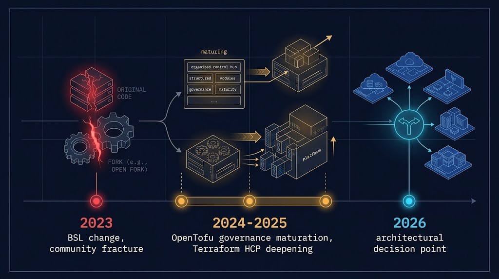 Timeline showing Terraform BSL change in 2023 through OpenTofu maturation to 2026 architectural decision point