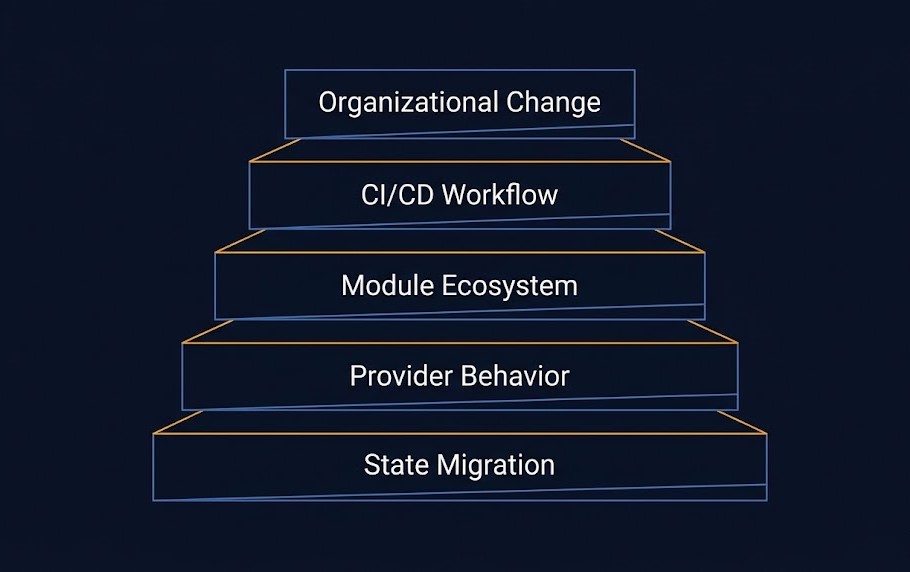 Infrastructure switching cost breakdown showing state migration, provider compatibility, module refactoring, and CI/CD pipeline disruption
