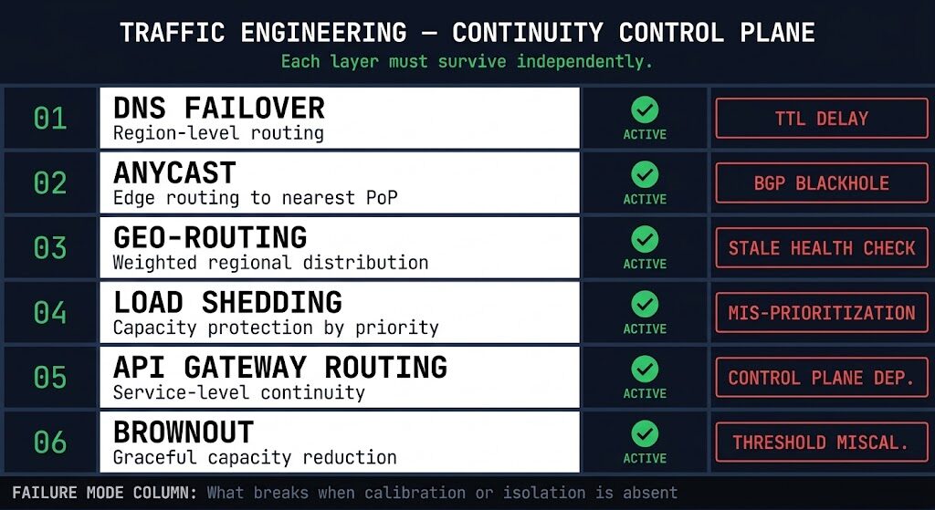 Business continuity traffic engineering layered architecture diagram showing DNS failover, anycast routing, geo-routing, load shedding, API gateway routing, and brownout as six stacked horizontal mechanism bands — each with a failure mode annotation showing what breaks when the mechanism is misconfigured