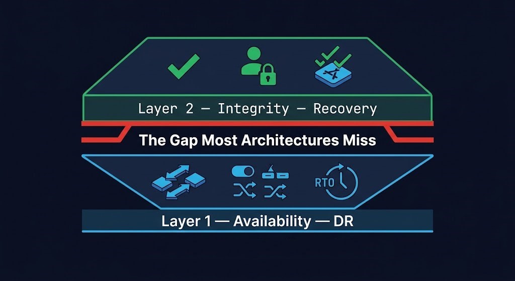 Two-layer resilience model diagram showing Layer 1 availability DR and Layer 2 integrity recovery as separate architectural planes with failure mode boundaries