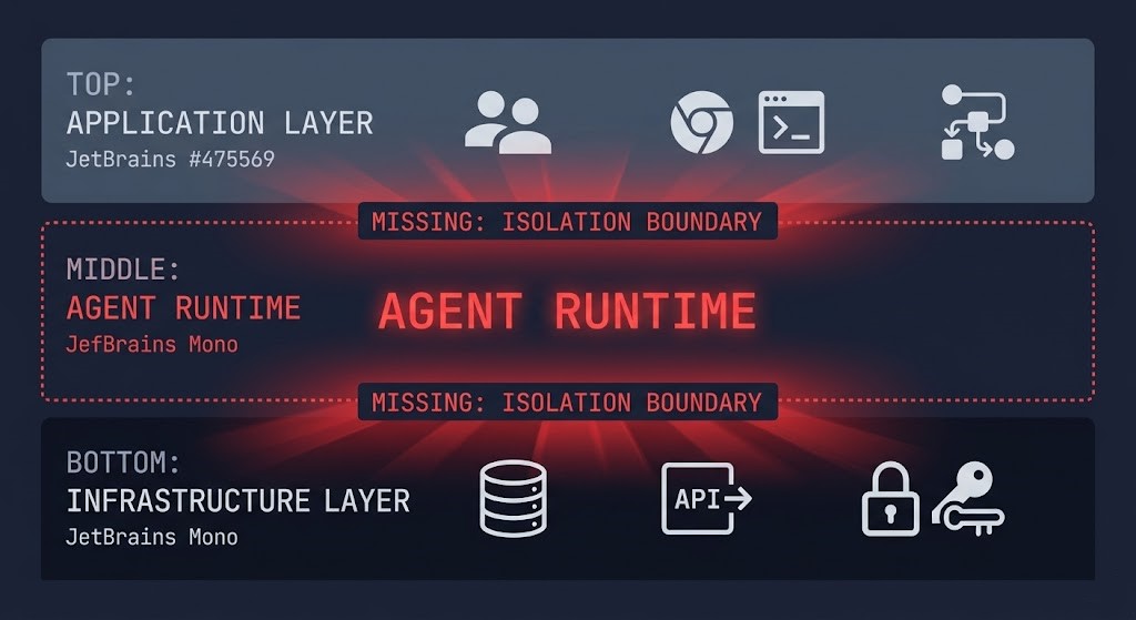 diagram showing unbounded control plane execution scope with agent operating across application layer and infrastructure layer without boundary enforcement