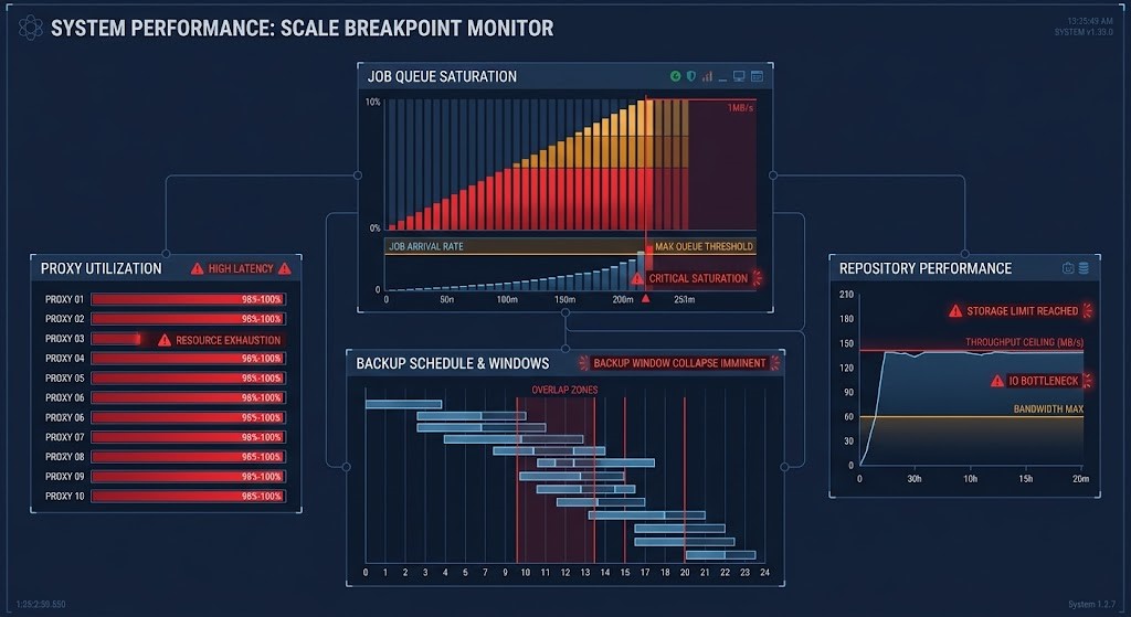 Veeam vs Commvault — Veeam failure modes at scale showing job contention and recovery bottlenecks