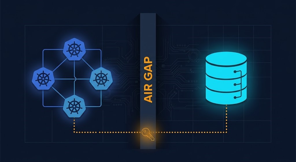 Dark moody illustration of a network diagram bisected by a physical wall representing an air gap, with Kubernetes cluster nodes on one side and isolated object storage on the other, but a faint glowing credential key visibly bridging the gap suggesting false isolation