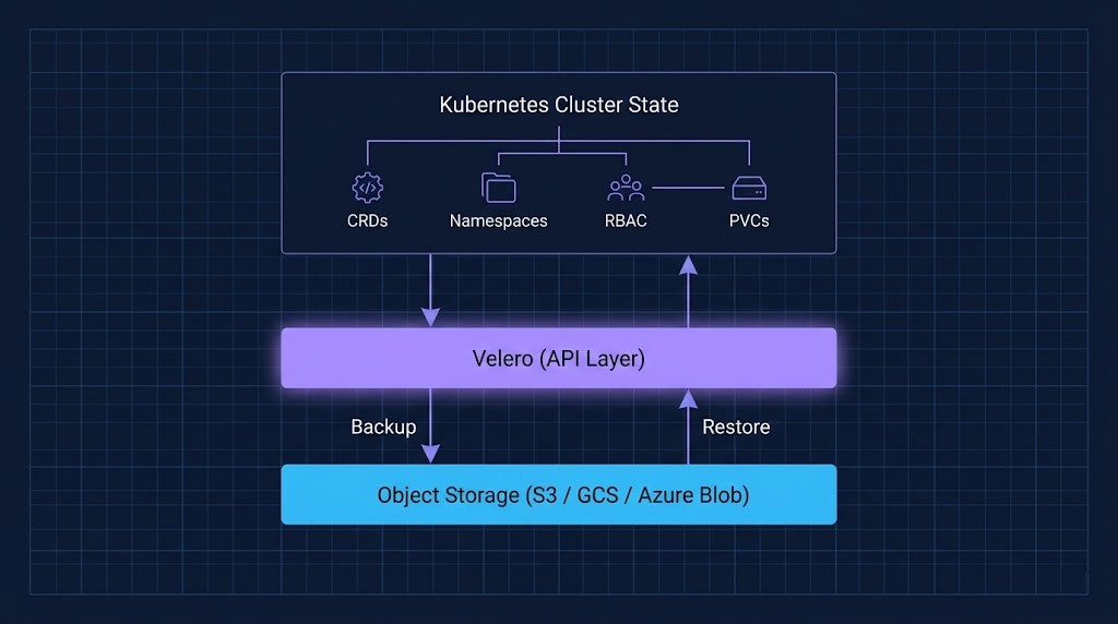 Diagram showing Velero operating at Kubernetes API layer between cluster state and object storage, with arrows showing backup flow from CRDs and namespace resources through API to object storage and back on restore