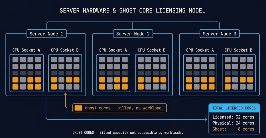 VMware Core Calculator showing 16-core billing floor applied to a 12-core CPU cluster with ghost core exposure