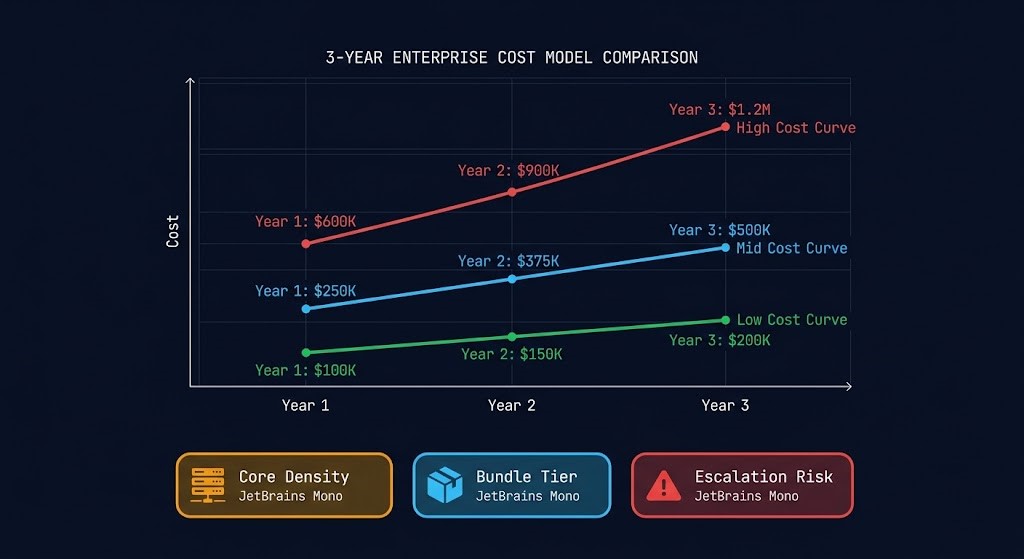 VMware licensing cost model showing 3-year VVF vs VCF cost projection with Low Mid High range and architecture signals