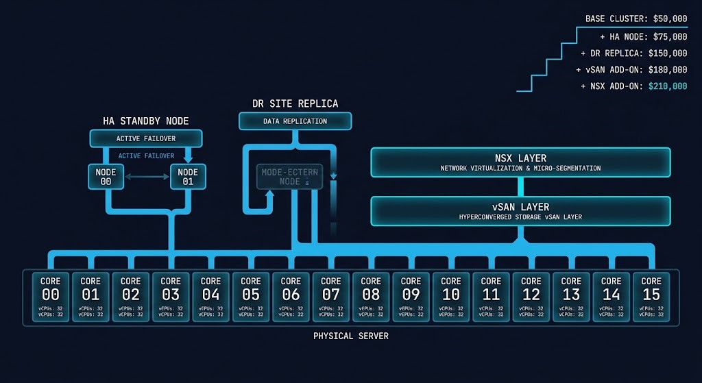 VMware licensing costs estimation framework showing core-based subscription model with cluster scaling diagram