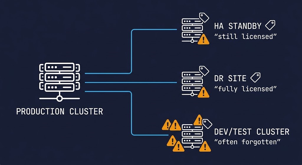 VMware licensing hidden cost multipliers diagram showing HA nodes, DR site, and add-ons all adding to licensed core count