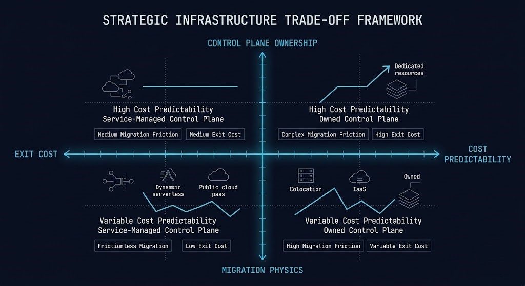 Four-axis decision framework comparing VMware and Nutanix on cost predictability, control plane ownership, migration physics, and exit cost