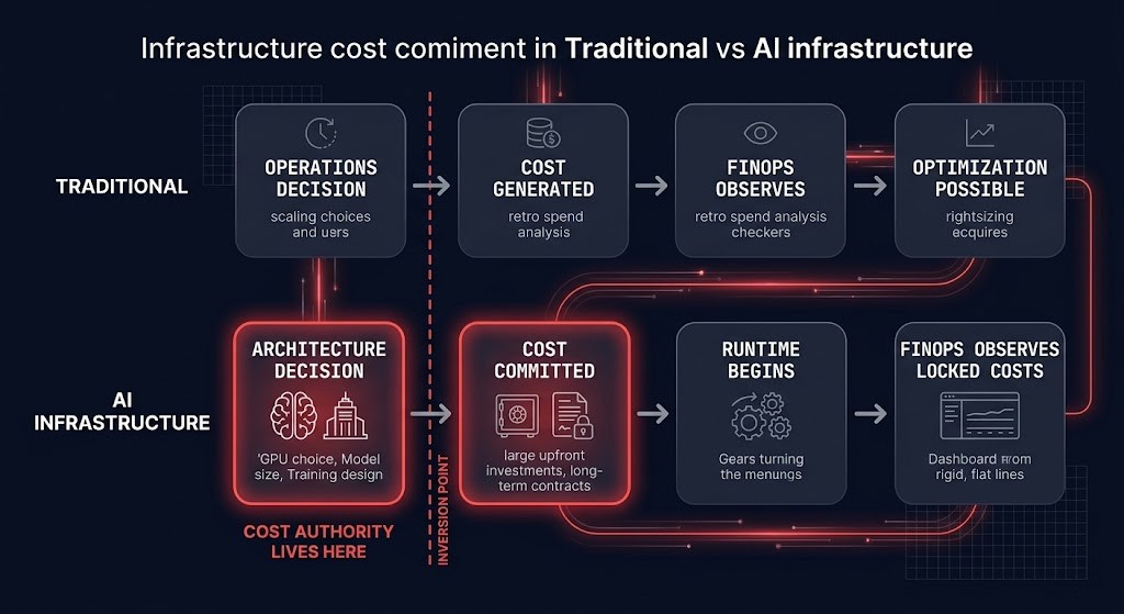 cost authority inversion diagram — traditional finops causal chain versus ai infrastructure architecture-time cost commitment