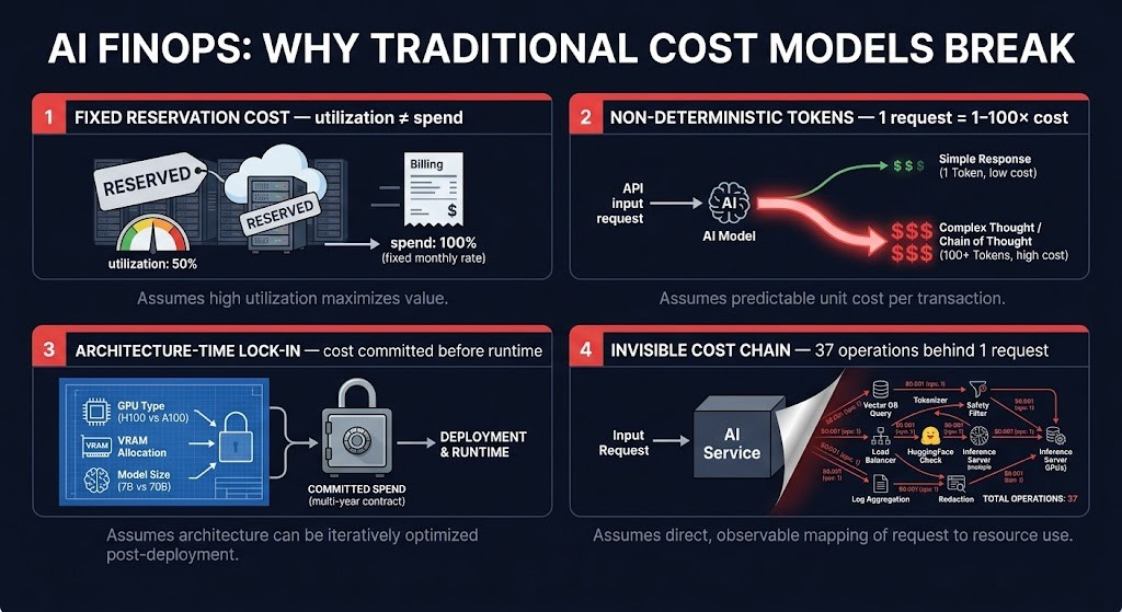 ai finops four failure modes — fixed gpu reservation non-deterministic tokens architecture cost lock-in invisible inference cost