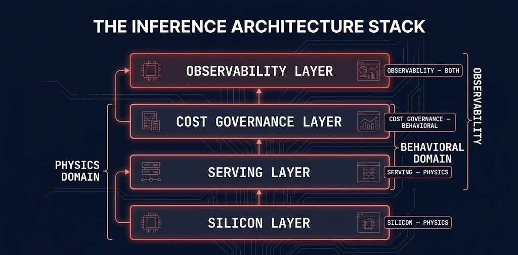 AI inference architecture — the four-layer Inference Architecture Stack showing silicon, serving, cost governance, and observability with physics and behavioral domain labels