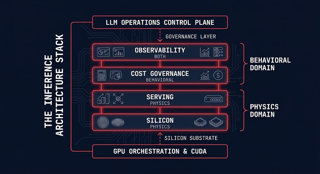 AI inference architecture four-layer stack diagram showing layer dependencies and relationship to GPU Orchestration below and LLM Operations above