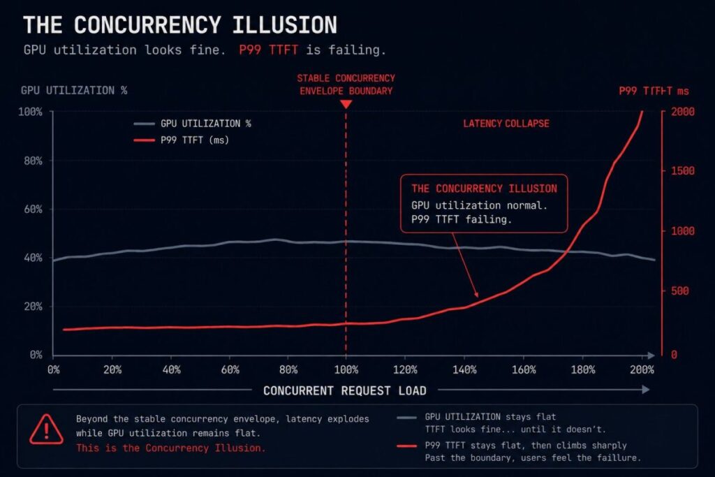 The Concurrency Illusion diagram showing GPU utilization versus P99 TTFT divergence as concurrency envelope is exceeded