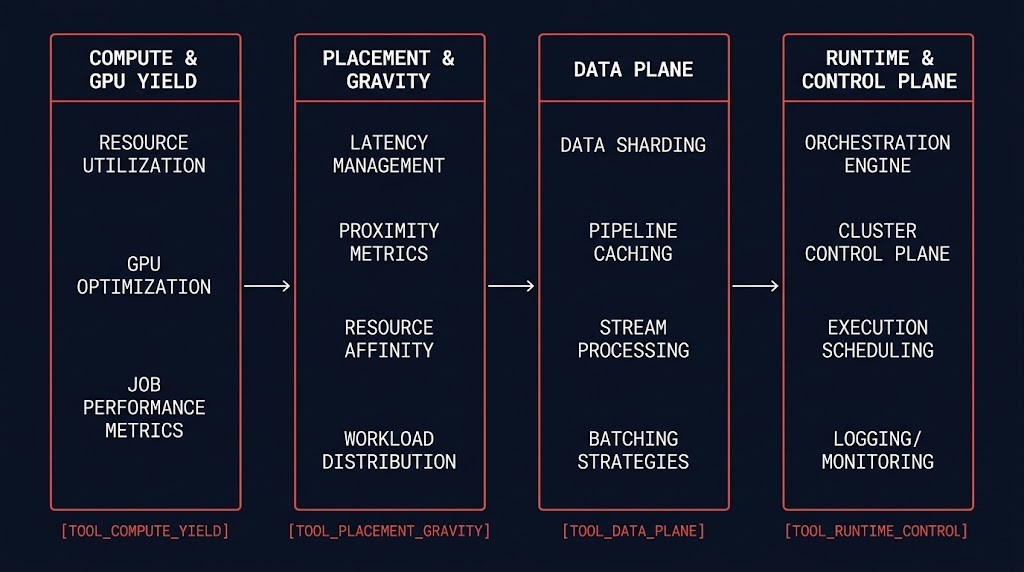 AI infrastructure architecture systems planes — four diagnostic layers covering GPU yield, placement gravity, data plane throughput, and runtime saturation